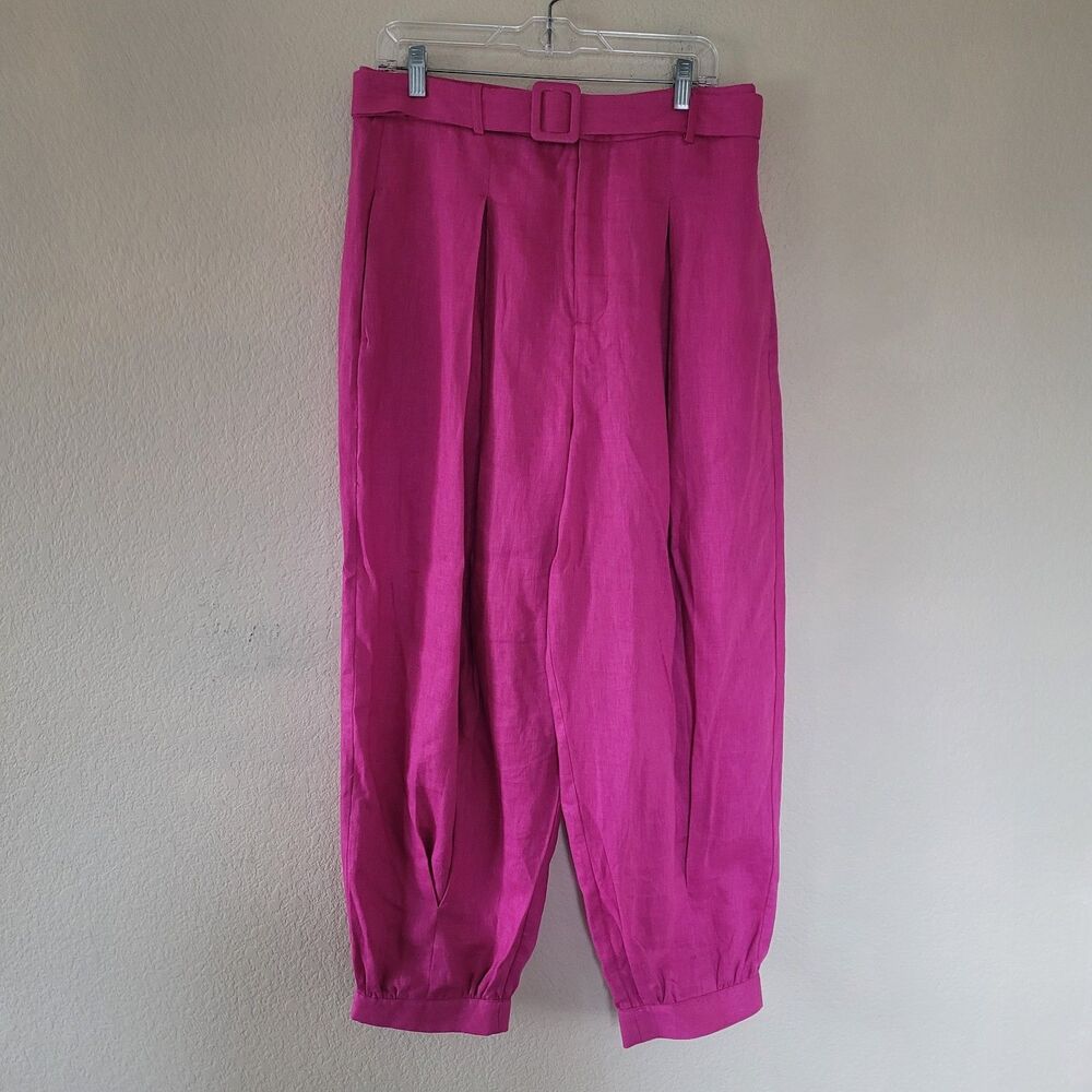 FARM Rio Belted 100% Linen Harem Pants Size Large Pleated Hot Pink Lightweight